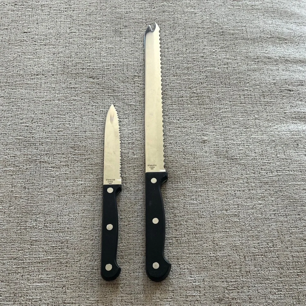 Ginsu Serrated Knife Set 2 Pc Stainless Steel Black Triple Rivet Dishwasher Safe